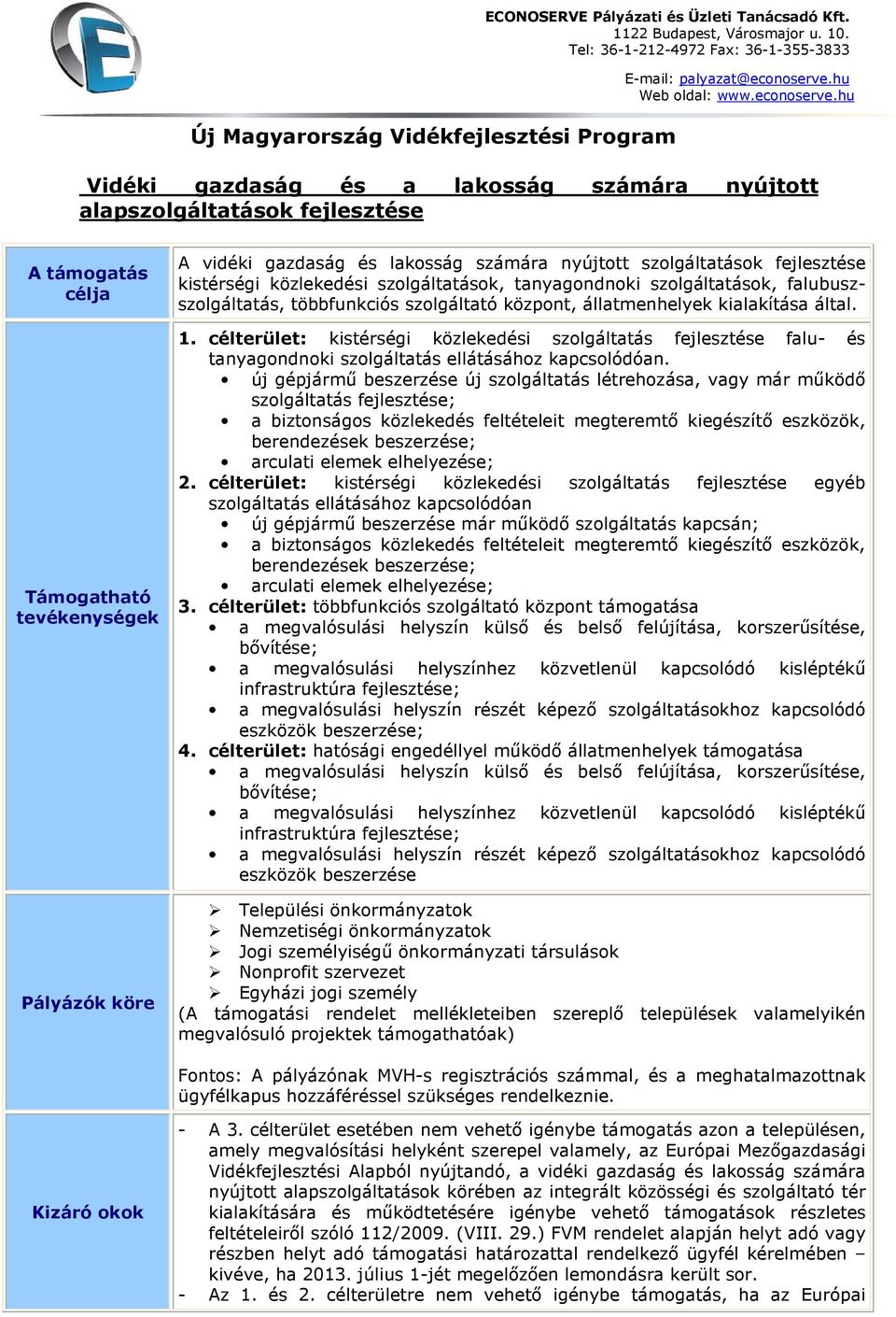 hu Vidéki gazdaság és a lakosság számára nyújtott alapszolgáltatások fejlesztése A támogatás célja Támogatható tevékenységek Pályázók köre A vidéki gazdaság és lakosság számára nyújtott