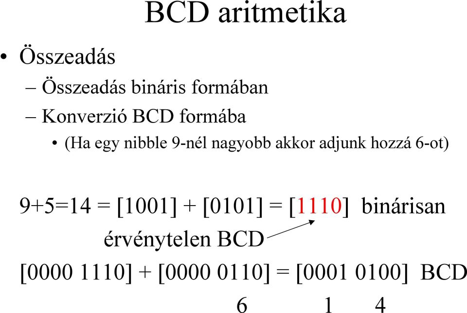 adjunk hozzá 6-ot) 9+5=14 = [1001] + [0101] = [1110]