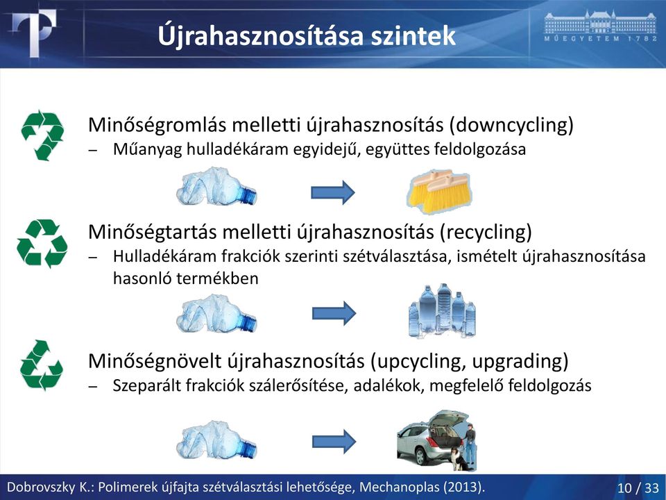 újrahasznosítása hasonló termékben Minőségnövelt újrahasznosítás (upcycling, upgrading) Szeparált frakciók