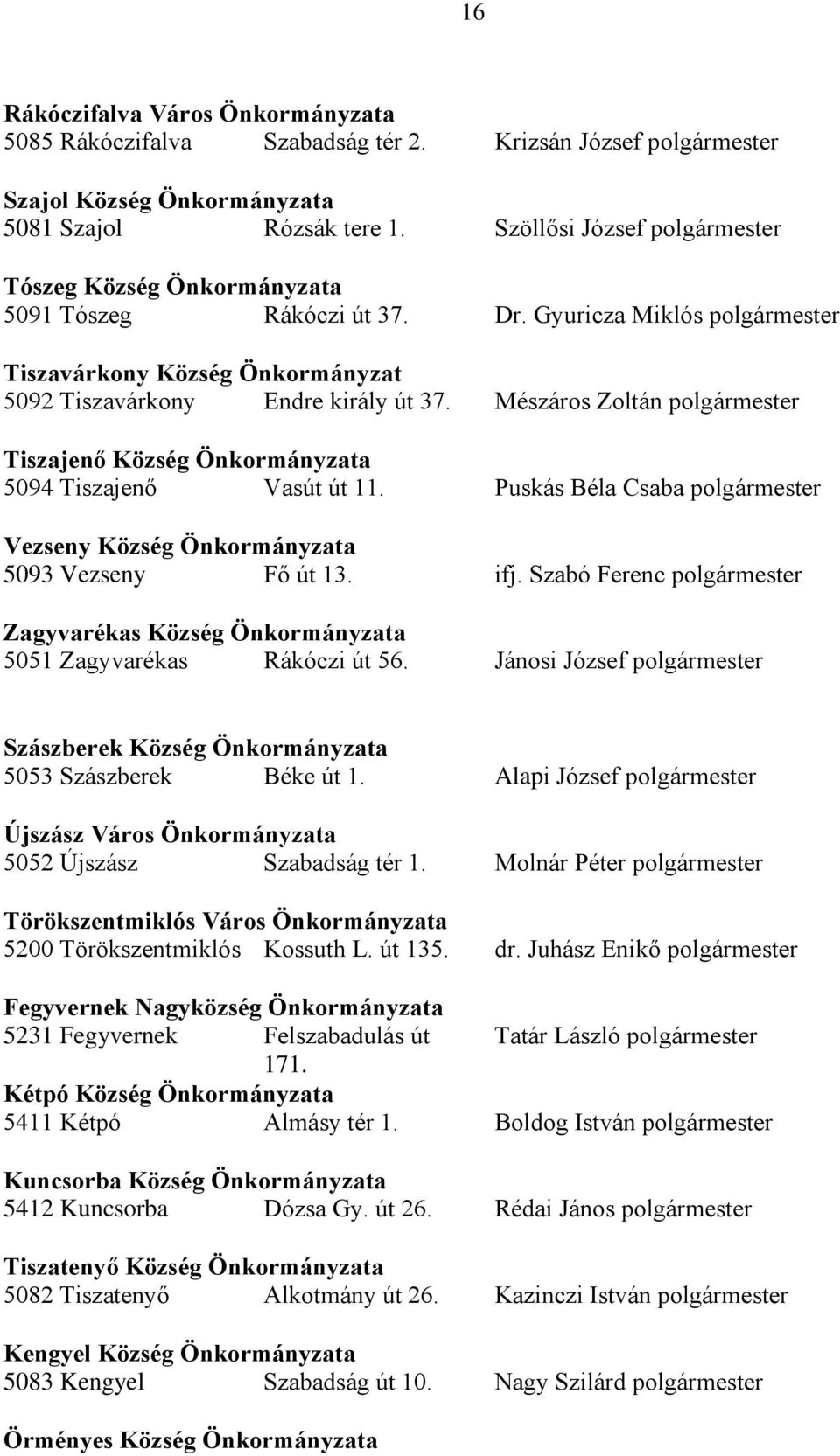 Mészáros Zoltán polgármester Tiszajenő Község Önkormányzata 5094 Tiszajenő Vasút út 11. Puskás Béla Csaba polgármester Vezseny Község Önkormányzata 5093 Vezseny Fő út 13. ifj.