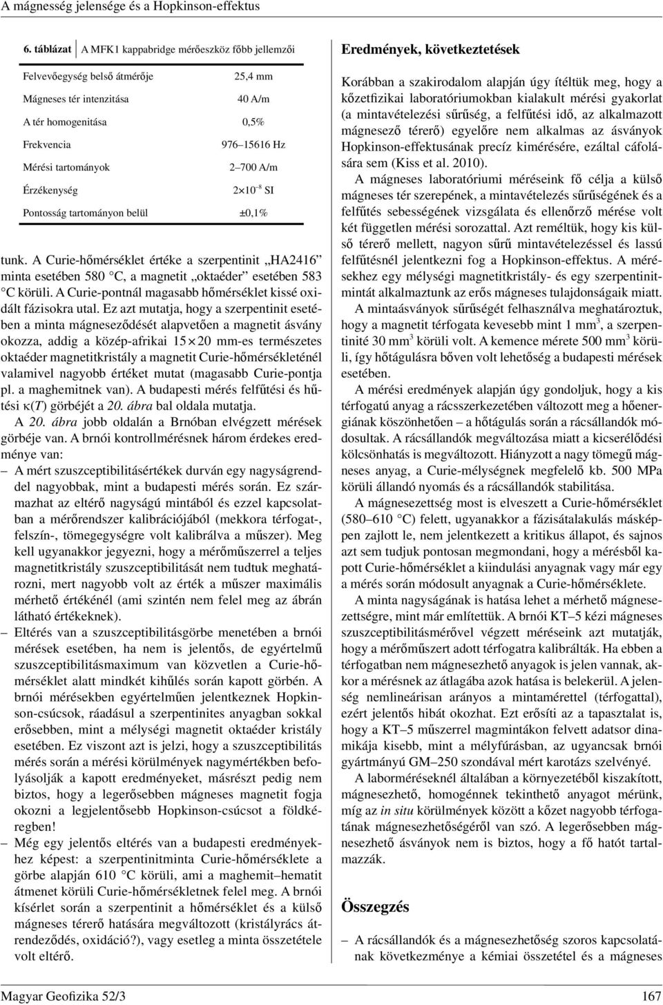 Hz 2 700 A/m 2 10 8 SI Pontosság tartományon belül ±0,1% tunk. A Curie-hőmérséklet értéke a szerpentinit HA2416 minta esetében 580 C, a magnetit oktaéder esetében 583 C körüli.