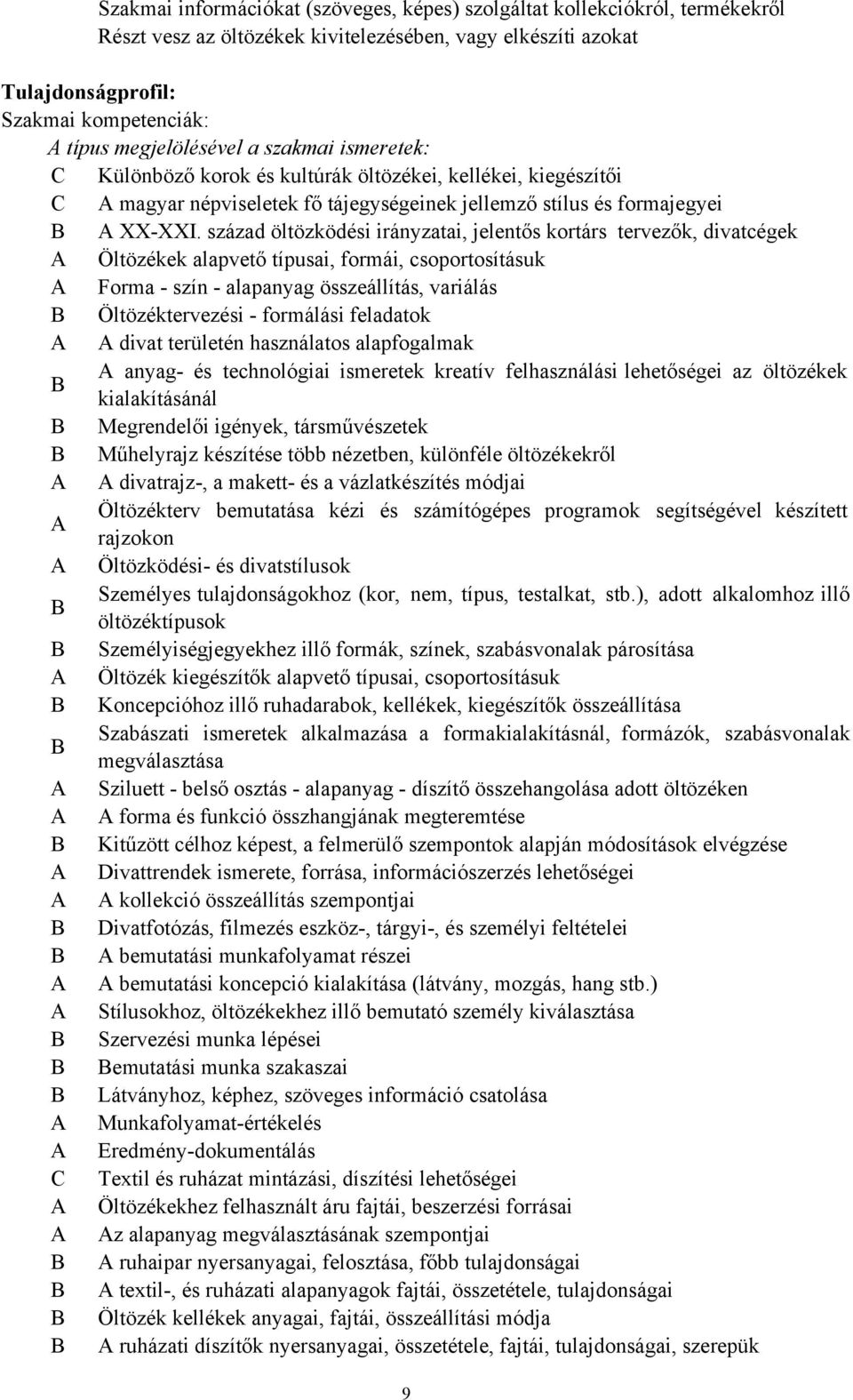 század öltözködési irányzatai, jelentős kortárs tervezők, divatcégek A Öltözékek alapvető típusai, formái, csoportosításuk A Forma - szín - alapanyag összeállítás, variálás B Öltözéktervezési -