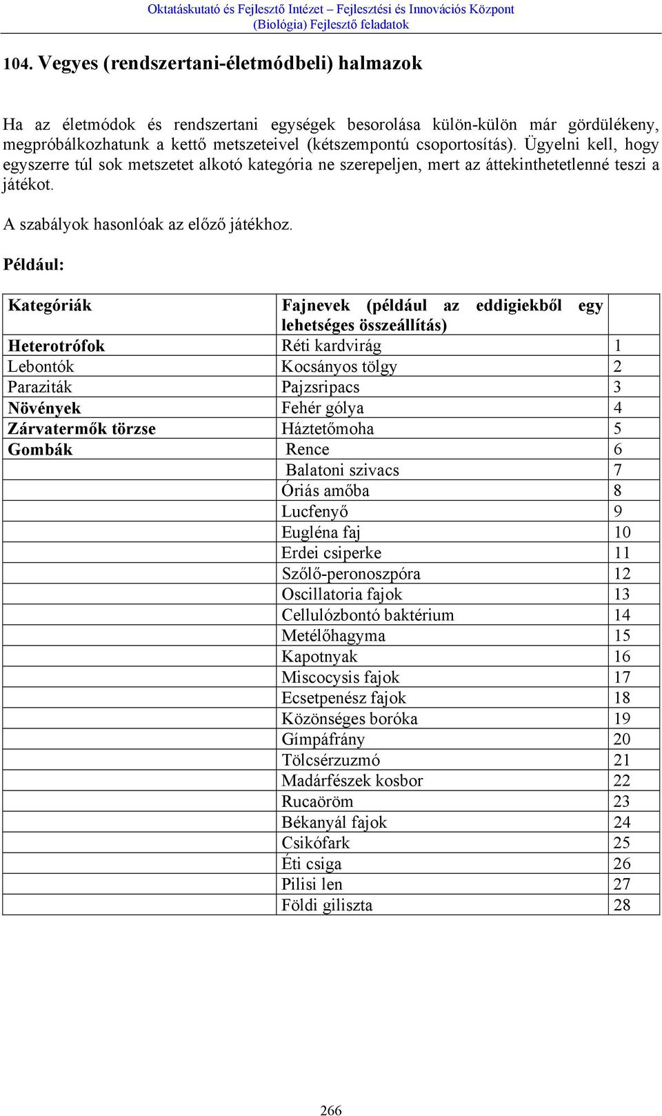 Például: Kategóriák Fajnevek (például az eddigiekből egy lehetséges összeállítás) Heterotrófok Réti kardvirág 1 Lebontók Kocsányos tölgy 2 Paraziták Pajzsripacs 3 Növények Fehér gólya 4 Zárvatermők