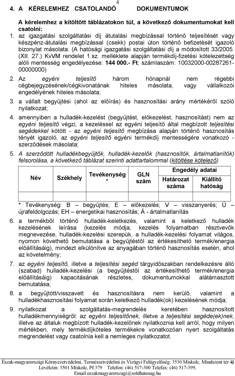 (A hatósági igazgatási szolgáltatási díj a módosított 33/2005. (XII. 27.) KvVM rendelet 1.sz. melléklete alapján termékdíj-fizetési kötelezettség alóli mentesség engedélyezése: 144 000.