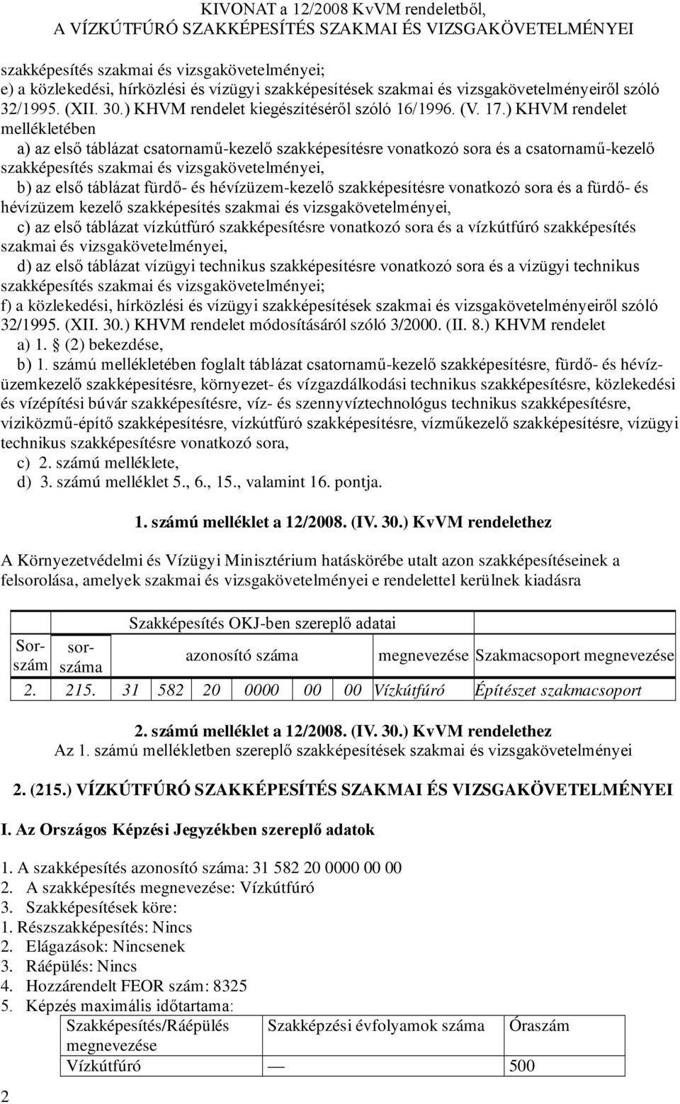 ) KHVM rendelet mellékletében a) az első táblázat csatornamű-kezelő szakképesítésre vonatkozó sora és a csatornamű-kezelő szakképesítés szakmai és vizsgakövetelményei, b) az első táblázat fürdő- és