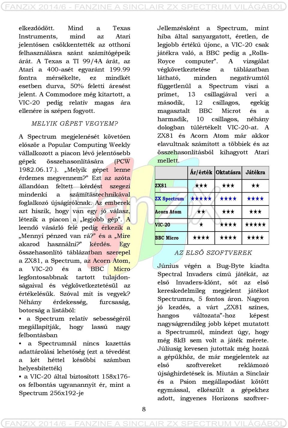 A Spectrum megjelenését követően először a Popular Computing Weekly vállalkozott a piacon lévő jelentősebb gépek összehasonlítására (PCW 1982.06.17.). Melyik gépet lenne érdemes megvennem?