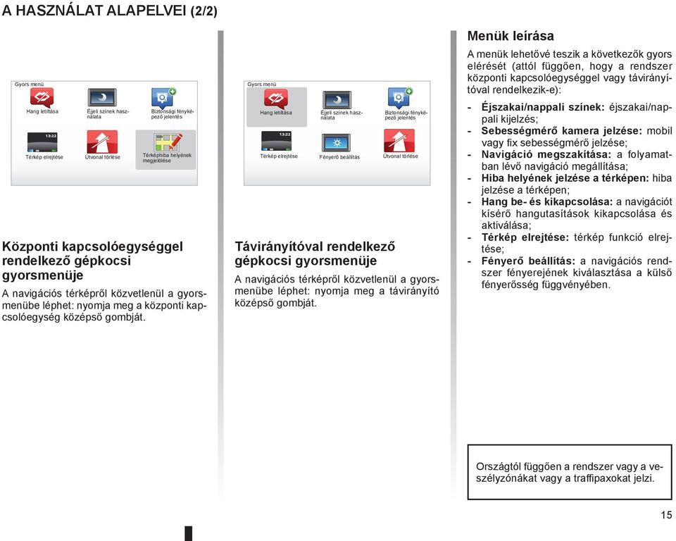 Gyors menü Hang letiltása 13:22 Térkép elrejtése Éjjeli színek használata Fényerő beállítás Biztonsági fényképező jelentés Útvonal törlése Távirányítóval rendelkező gépkocsi gyorsmenüje A navigációs