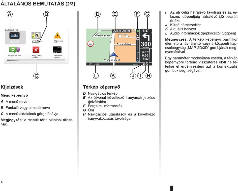 5 km 0:05h 6:52 LW 10245 66 RDS-AF 26 C L K J I H 14 km I Az úti célig hátralévő távolság és az érkezés időpontjáig hátralévő idő becsült értéke J Külső hőmérséklet K Aktuális helyzet L Audió