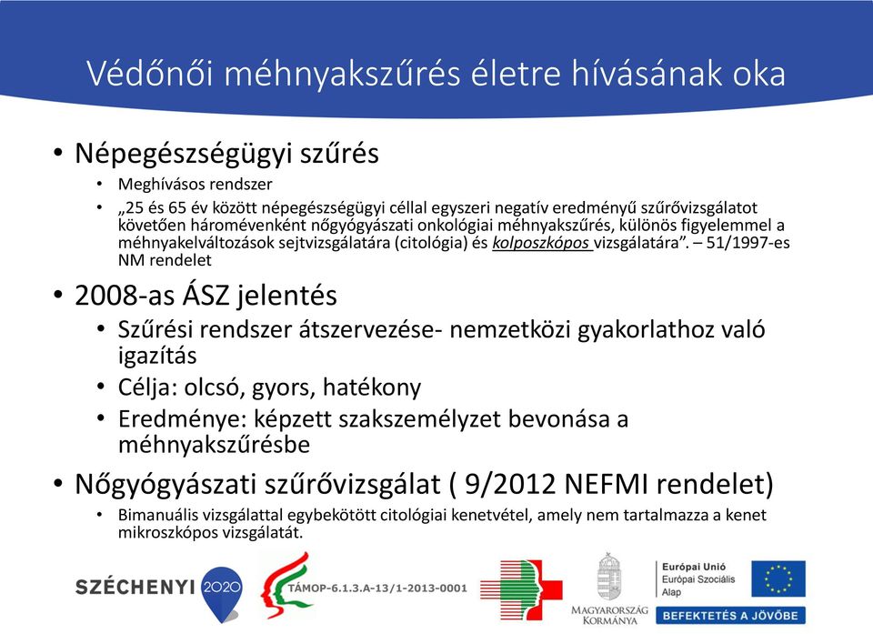 51/1997-es NM rendelet 2008-as ÁSZ jelentés Szűrési rendszer átszervezése- nemzetközi gyakorlathoz való igazítás Célja: olcsó, gyors, hatékony Eredménye: képzett szakszemélyzet