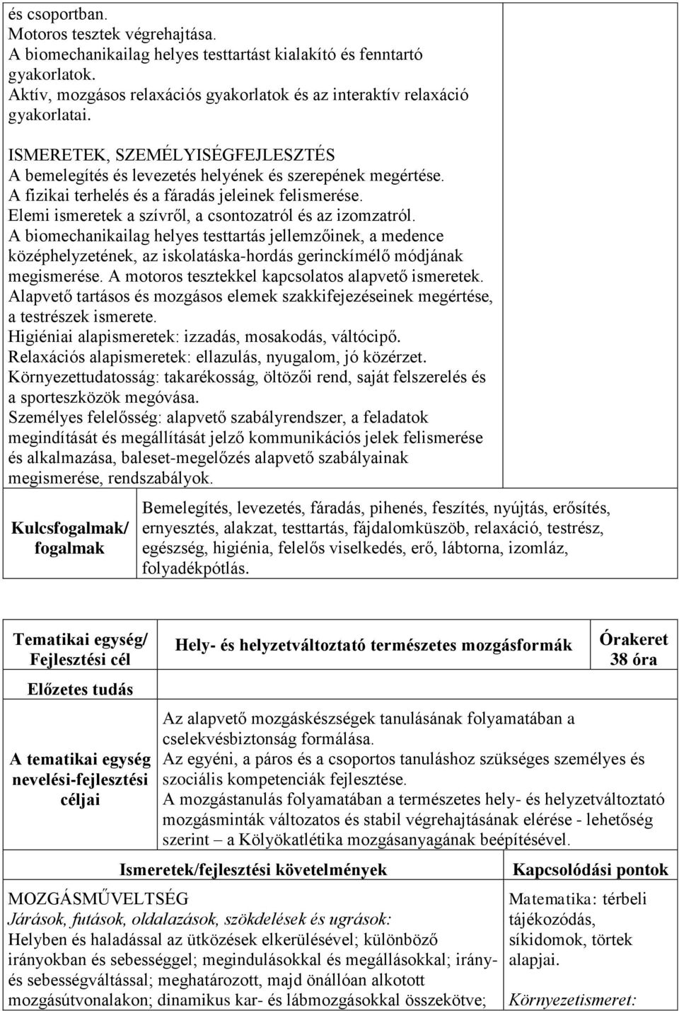 Elemi ismeretek a szívről, a csontozatról és az izomzatról. A biomechanikailag helyes testtartás jellemzőinek, a medence középhelyzetének, az iskolatáska-hordás gerinckímélő módjának megismerése.