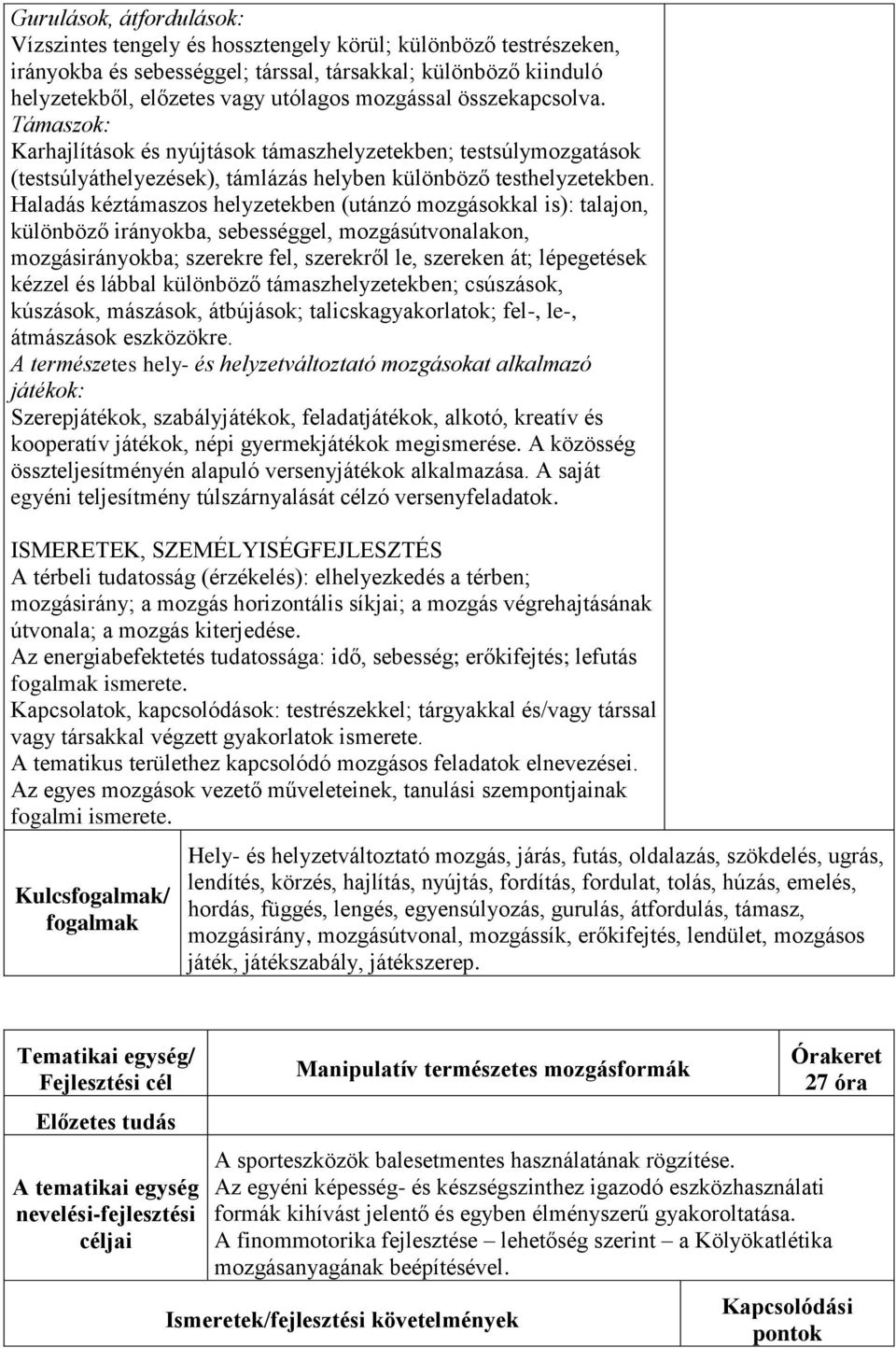 Haladás kéztámaszos helyzetekben (utánzó mozgásokkal is): talajon, különböző irányokba, sebességgel, mozgásútvonalakon, mozgásirányokba; szerekre fel, szerekről le, szereken át; lépegetések kézzel és