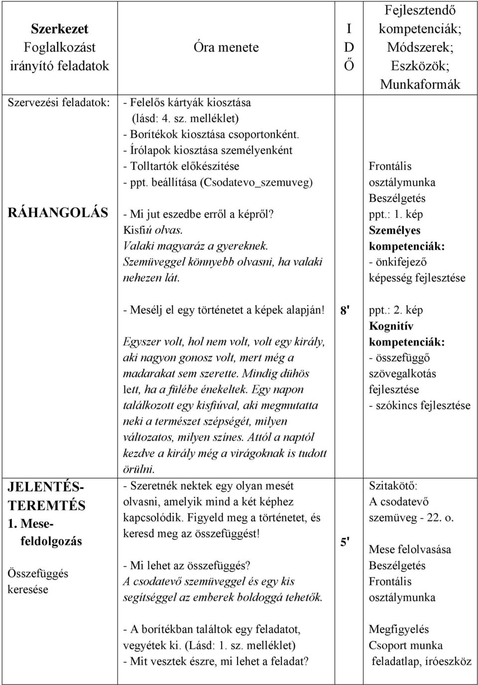 Szemüveggel könnyebb olvasni, ha valaki nehezen lát. I D Ő Fejlesztendő kompetenciák; Módszerek; Eszközök; Munkaformák Frontális osztálymunka Beszélgetés ppt.: 1.