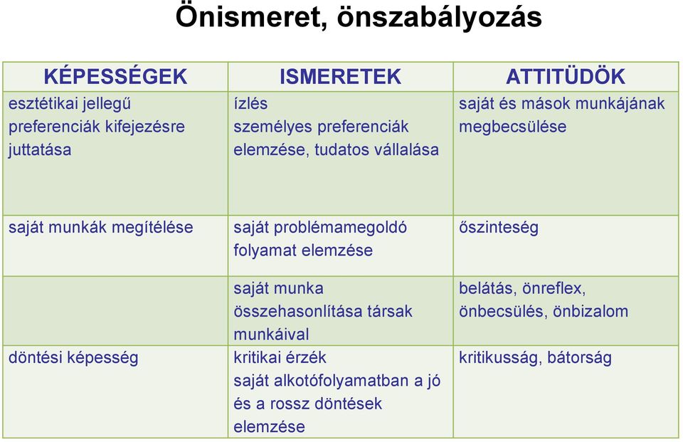 döntési képesség saját problémamegoldó folyamat elemzése saját munka összehasonlítása társak munkáival kritikai érzék