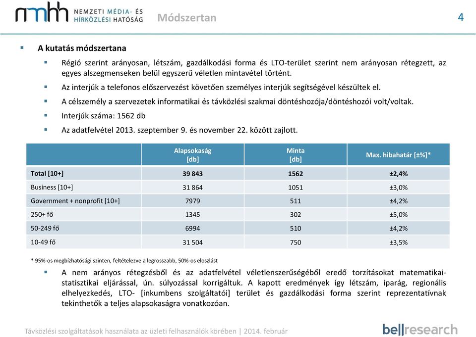 A célszemély a szervezetek informatikai és távközlési szakmai döntéshozója/döntéshozói volt/voltak. Interjúk száma: db Az adatfelvétel 0. szeptember. és november. között zajlott.