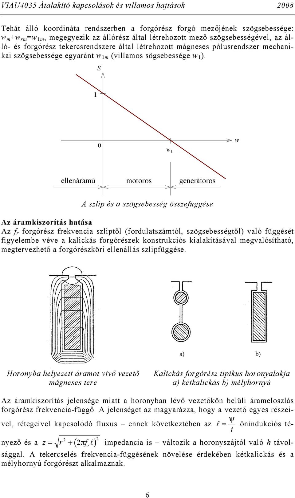 0 ellenáaú otoos geneátoos A szlip és a szögsebesség összefüggése Az áakiszoítás hatása Az f fogóész fekvencia szliptől (fodulatszától, szögsebességtől) való függését figyelebe véve a kalickás