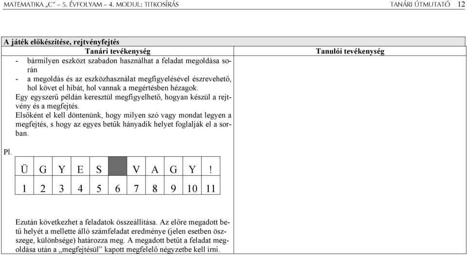 megfigyelésével észrevehető, hol követ el hibát, hol vannak a megértésben hézagok. Egy egyszerű példán keresztül megfigyelhető, hogyan készül a rejtvény és a megfejtés.