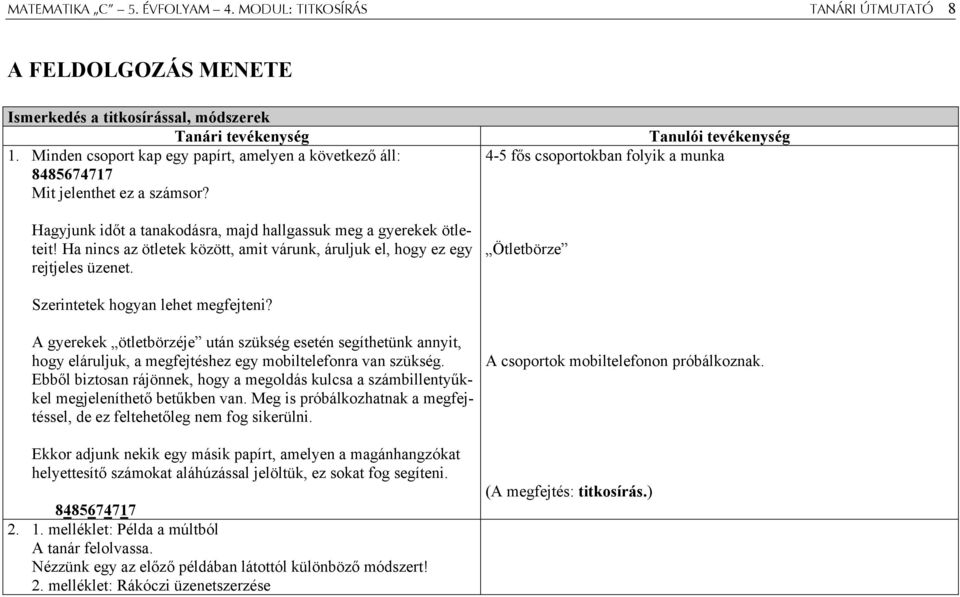 Ha nincs az ötletek között, amit várunk, áruljuk el, hogy ez egy rejtjeles üzenet. Tanulói tevékenység 4-5 fős csoportokban folyik a munka Ötletbörze Szerintetek hogyan lehet megfejteni?