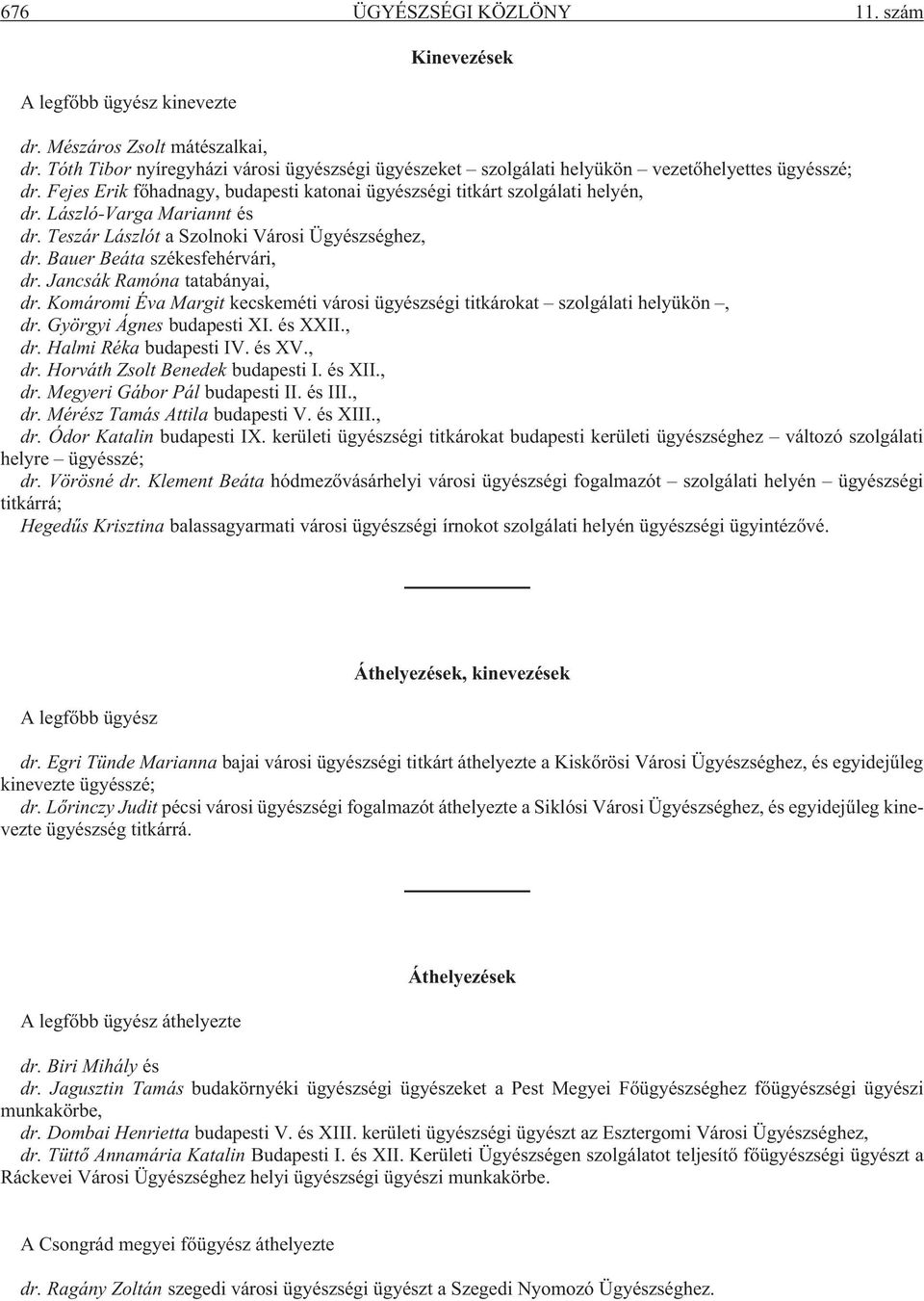 László-Varga Mariannt és dr. Teszár Lászlót a Szolnoki Városi Ügyészséghez, dr. Bauer Beáta székesfehérvári, dr. Jancsák Ramóna tatabányai, dr.