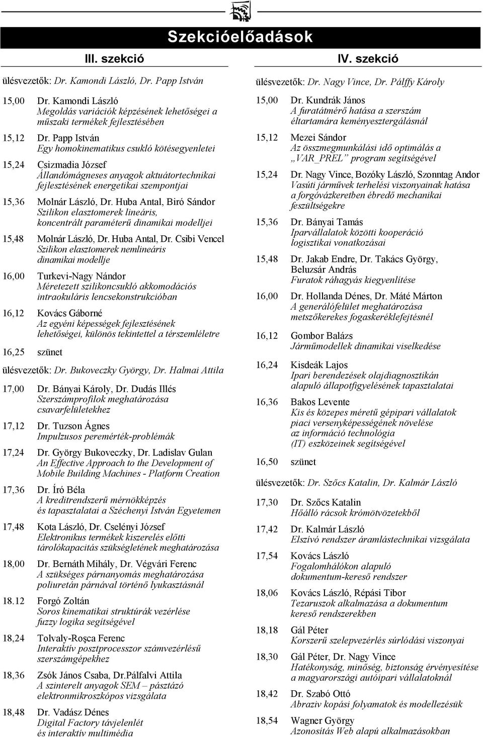 Huba Antal, Biró Sándor Szilikon elasztomerek lineáris, koncentrált paraméter( dinamikai modelljei 15,48 Molnár László, Dr. Huba Antal, Dr.