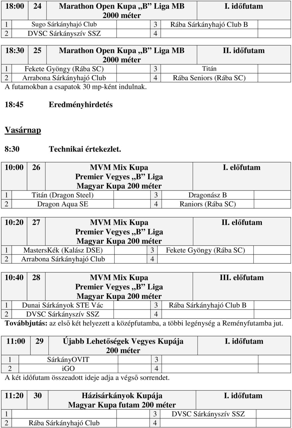 10:00 26 MVM Mix Kupa 1 Titán (Dragon Steel) 3 Dragonász B 2 Dragon Aqua SE 4 Raniors (Rába SC) 10:20 27 MVM Mix Kupa 1 MastersKék (Kalász DSE) 3 Fekete Gyöngy (Rába SC) 2 Arrabona Sárkányhajó Club 4