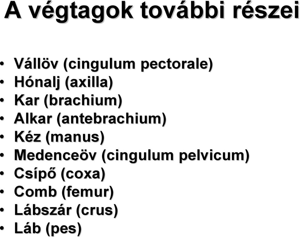 (antebrachium) Kéz z (manus) Medenceöv v (cingulum