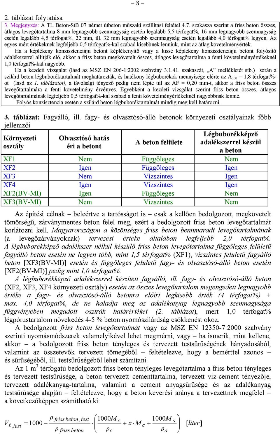 szakasza szerint a friss beton összes, átlagos levegőtartalma 8 mm legnagyobb szemnagyság esetén legalább 5,5 térfogat%, 16 mm legnagyobb szemnagyság esetén legalább 4,5 térfogat%, 22 mm, ill.