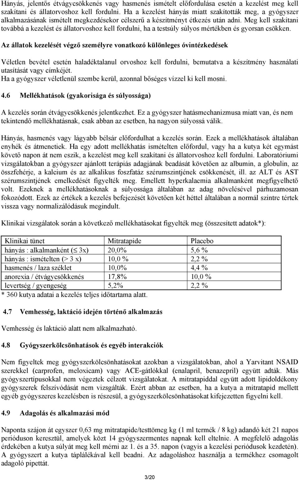 Meg kell szakítani továbbá a kezelést és állatorvoshoz kell fordulni, ha a testsúly súlyos mértékben és gyorsan csökken.