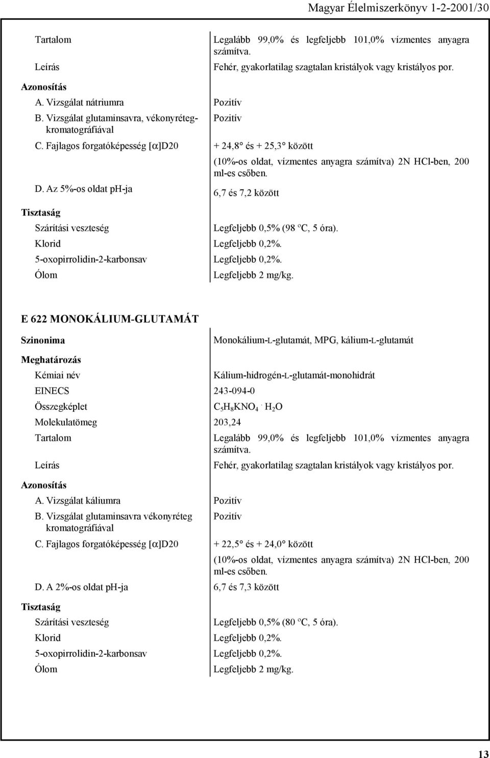Az 5%-os oldat ph-ja 6,7 és 7,2 között Legfeljebb 0,5% (98 ºC, 5 óra). Klorid Legfeljebb 0,2%. 5-oxopirrolidin-2-karbonsav Legfeljebb 0,2%.