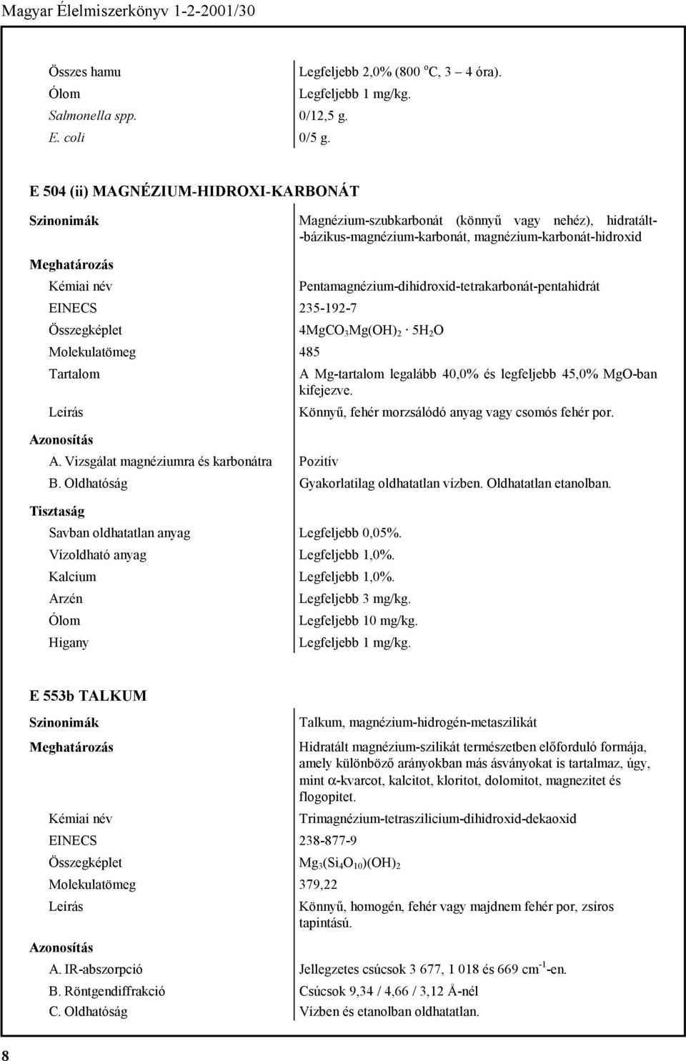 Vizsgálat magnéziumra és karbonátra Pentamagnézium-dihidroxid-tetrakarbonát-pentahidrát 4MgCO 3 Mg(OH) 2 5H 2 O A Mg-tartalom legalább 40,0% és legfeljebb 45,0% MgO-ban kifejezve.