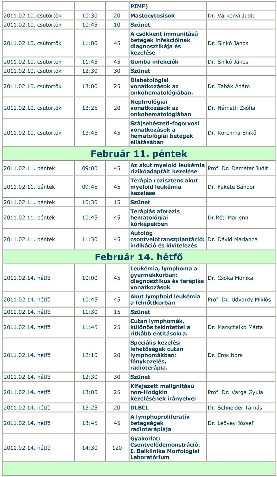 02.11. péntek 09:00 45 2011.02.11. péntek 09:45 45 Diabetológiai vonatkozások az onkohematológiában.