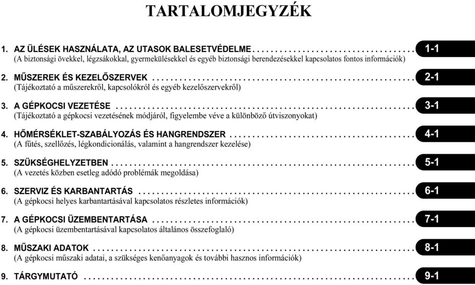 .................................................................. 3-1 (Tájékoztató a gépkocsi vezetésének módjáról, figyelembe véve a különböző útviszonyokat) 4.