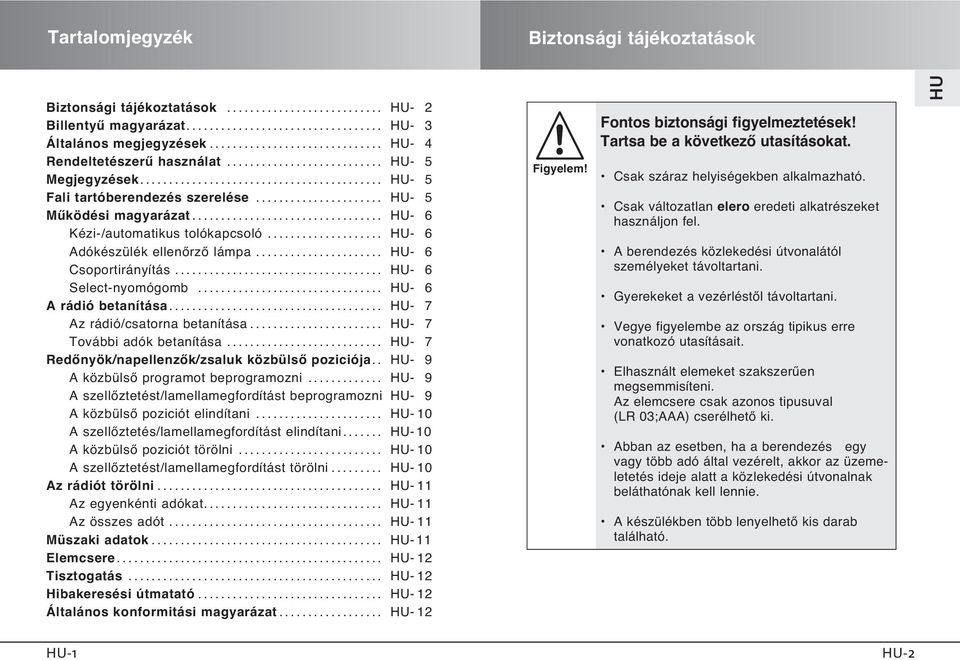 .. - 6 A rádió betanítása... - 7 Az rádió/csatorna betanítása... - 7 További adók betanítása... - 7 RedŒnyök/napellenzŒk/zsaluk közbülsœ poziciója.. - 9 A közbülsœ programot beprogramozni.