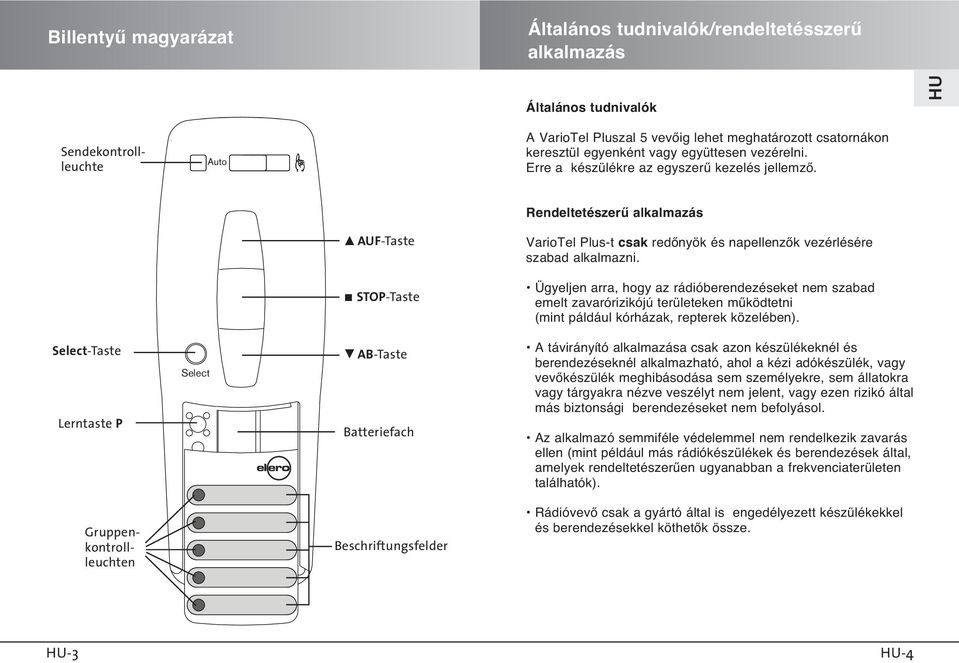 y STOP-Taste Ügyeljen arra, hogy az rádióberendezéseket nem szabad emelt zavarórizikójú területeken mıködtetni (mint páldául kórházak, repterek közelében).