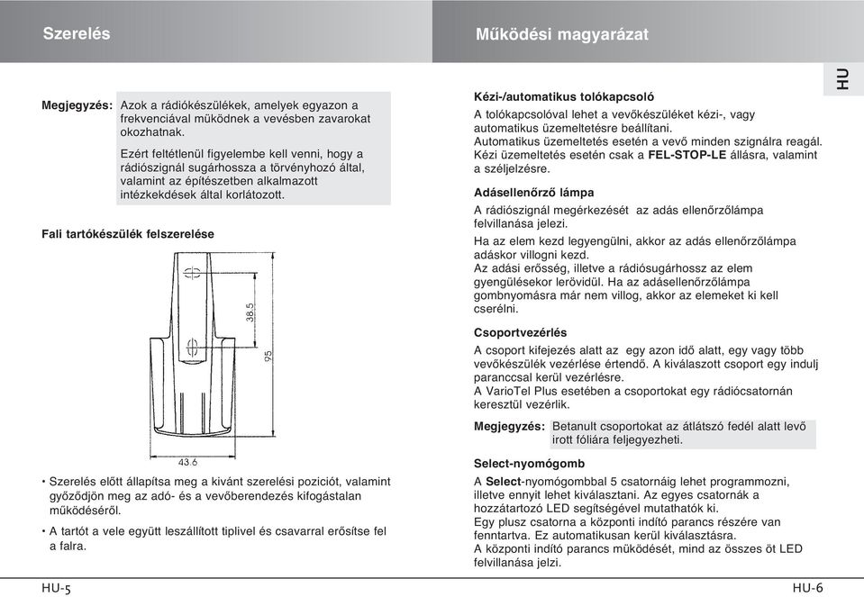 Fali tartókészülék felszerelése Kézi-/automatikus tolókapcsoló A tolókapcsolóval lehet a vevœkészüléket kézi-, vagy automatikus üzemeltetésre beállítani.