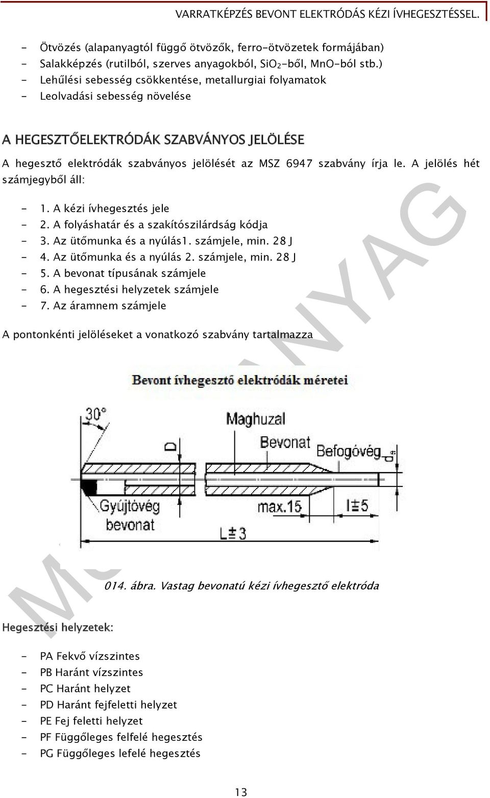 le. A jelölés hét számjegyből áll: - 1. A kézi ívhegesztés jele - 2. A folyáshatár és a szakítószilárdság kódja - 3. Az ütőmunka és a nyúlás1. számjele, min. 28 J - 4. Az ütőmunka és a nyúlás 2.