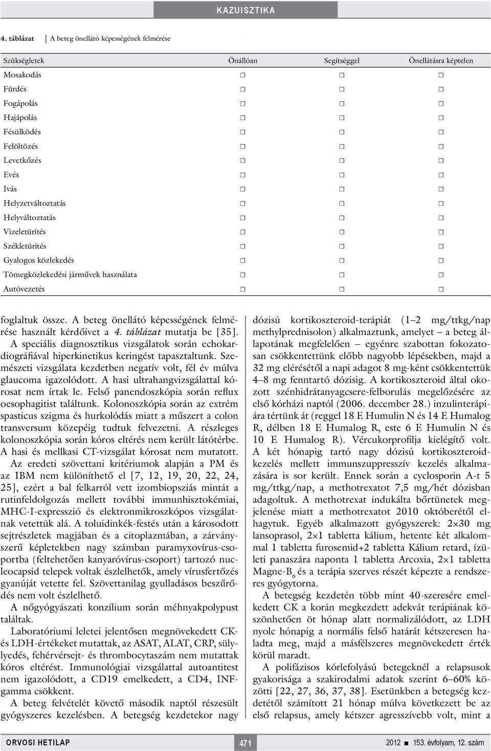 A beteg önellátó képességének felmérése használt kérdőívet a 4. táblázat mutatja be [35]. A speciális diagnosztikus vizsgálatok során echokardiográfiával hiperkinetikus keringést tapasztaltunk.