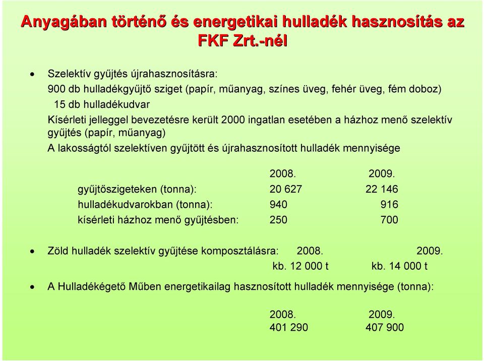 került 2000 ingatlan esetében a házhoz menő szelektív gyűjtés (papír, műanyag) A lakosságtól szelektíven gyűjtött és újrahasznosított hulladék mennyisége 2008. 2009.