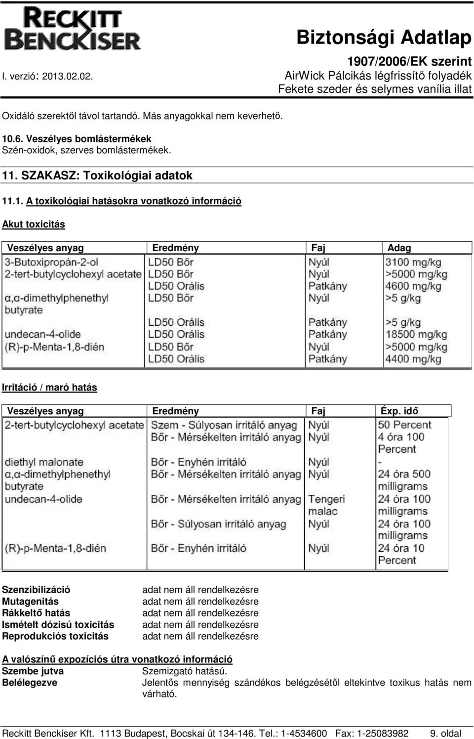 .1. A toxikológiai hatásokra vonatkozó információ Akut toxicitás Veszélyes anyag Eredmény Faj Adag Irritáció / maró hatás Veszélyes anyag Eredmény