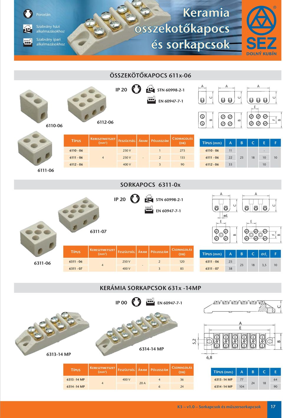 Keresztmetszet (mm 2 ) Feszültség Áram Pólusszám A B C Ød 1 F 6311-6 6311-6 25 V 2 12 4-6311 - 7 4 V 3 83 6311-6 25 6311-7 38 23 18 3,5 1 KERÁMIA SORKAPCSOK 631x -14MP IP C C A E 6313-14 MP