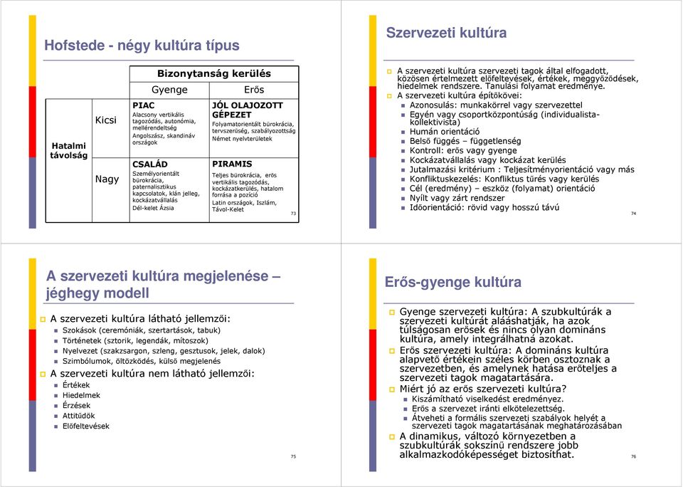 Német nyelvterületek PIRAMIS Teljes bürokrácia, erős vertikális tagozódás, kockázatkerülés, hatalom forrása a pozíció Latin országok, Iszlám, Távol-Kelet 73 A szervezeti kultúra szervezeti tagok