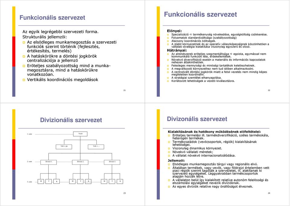 szabályozottság mind a munkamegosztásra, mind a hatáskörükre vonatkozóan. Vertikális koordinációs megoldások Előnyei: Specializáció termékenység növekedése, egységköltség csökkenése.