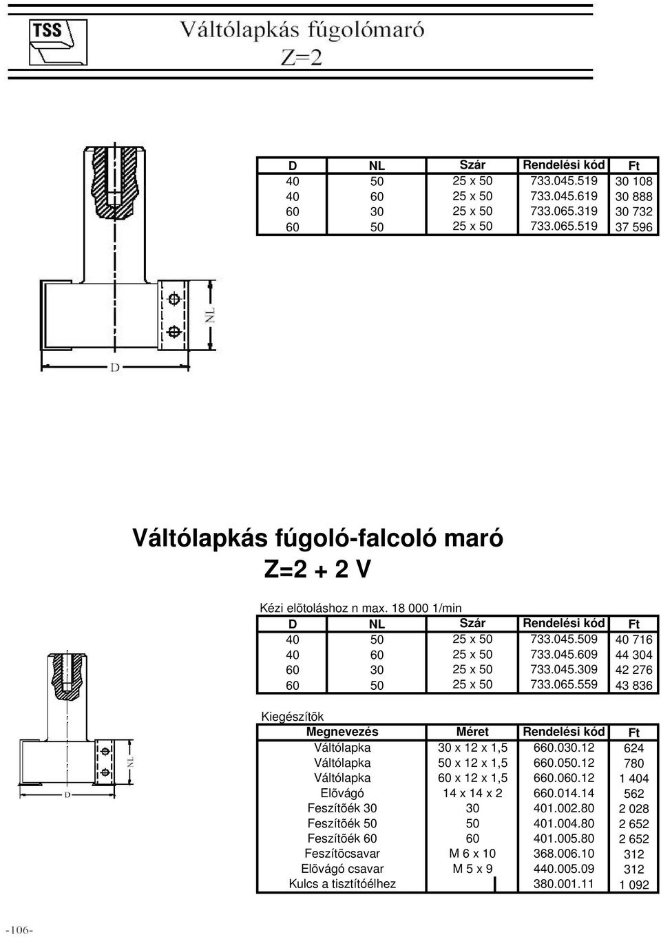 559 43 836 Kiegészítõk Megnevezés Méret Váltólapka 30 x 12 x 1,5 660.030.12 Váltólapka 50 x 12 x 1,5 660.050.12 Váltólapka 60 x 12 x 1,5 660.060.12 Elõvágó 14 x 14 x 2 660.014.