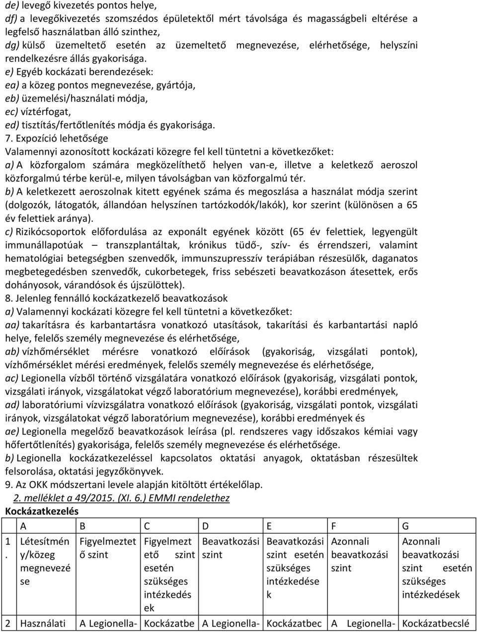 e) Egyéb kockázati berendezések: ea) a közeg pontos megnevezése, gyártója, eb) üzemelési/használati módja, ec) víztérfogat, ed) tisztítás/fertőtlenítés módja és gyakorisága. 7.