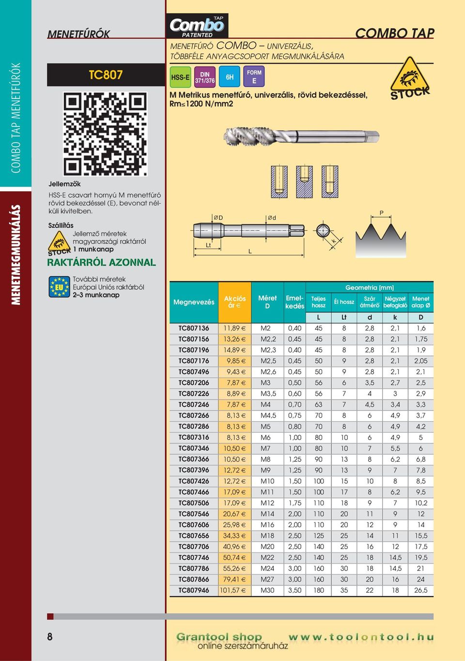 univerzális, rövi beezéssel, Rm 1200 N/mm2 t Emeleés COMBO TA Szár átmérô Négyzet befoglaló Menet alap Ø t TC807136 11,89 M2 0,40 45 8 2,8 2,1 1,6 TC807156 13,26 M2,2 0,45 45 8 2,8 2,1 1,75 TC807196