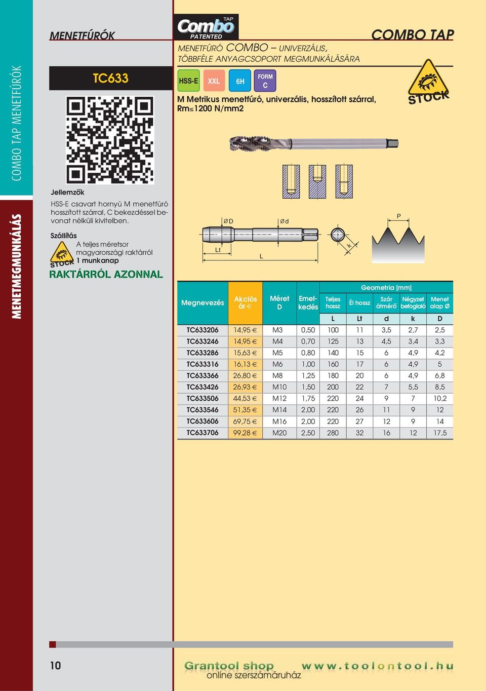 COMBO TA Szár átmérô Négyzet befoglaló Menet alap Ø t TC633206 14,95 M3 0,50 100 11 3,5 2,7 2,5 TC633246 14,95 M4 0,70 125 13 4,5 3,4 3,3 TC633286 15,63 M5 0,80 140 15 6 4,9 4,2 TC633316