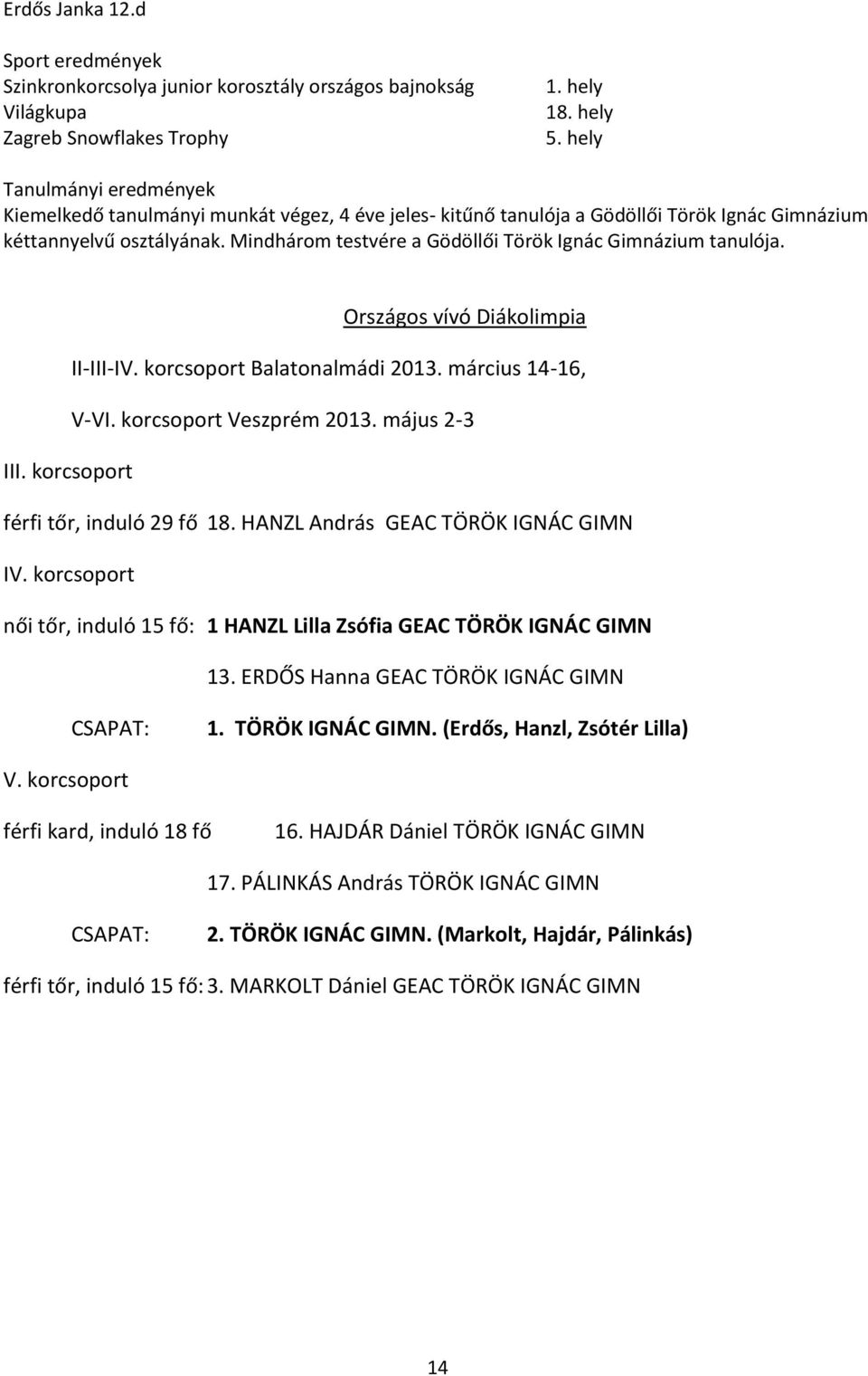 Mindhárom testvére a Gödöllői Török Ignác Gimnázium tanulója. Országos vívó Diákolimpia II-III-IV. korcsoport Balatonalmádi 2013. március 14-16, V-VI. korcsoport Veszprém 2013. május 2-3 III.