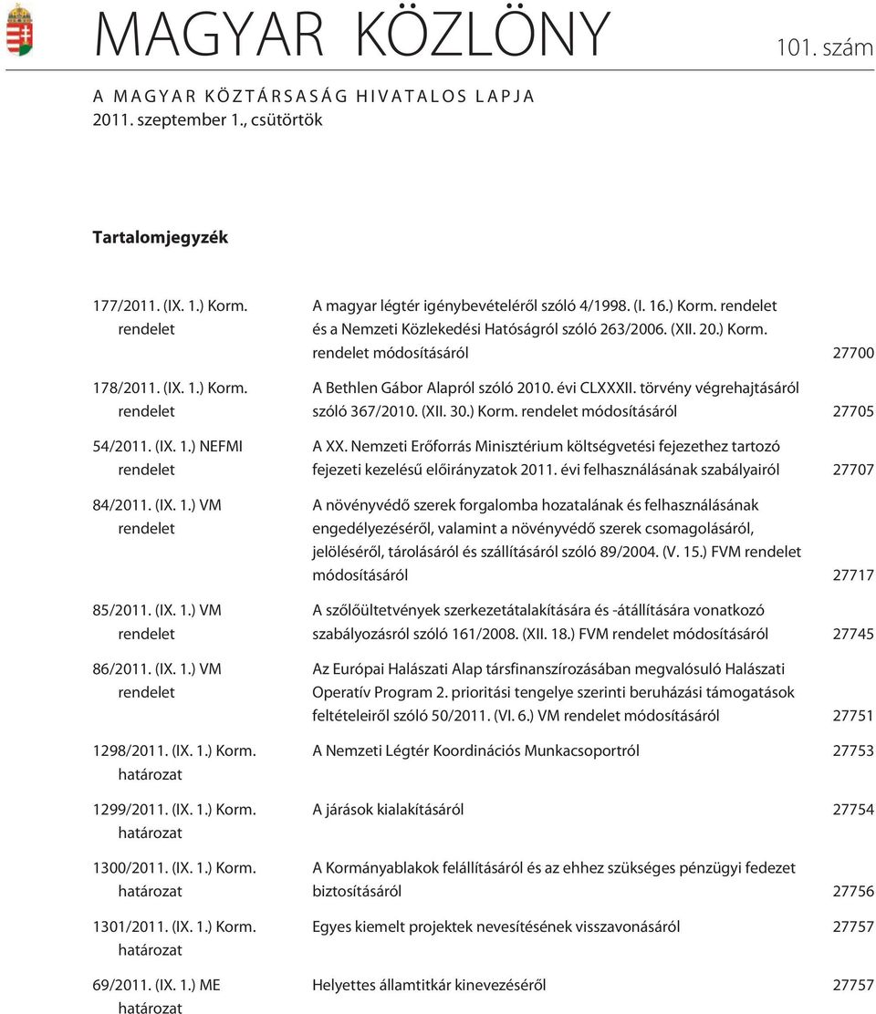 (IX. 1.) Korm. határozat 69/2011. (IX. 1.) ME határozat A magyar légtér igénybevételérõl szóló 4/1998. (I. 16.) Korm. rendelet és a Nemzeti Közlekedési Hatóságról szóló 263/2006. (XII. 20.) Korm. rendelet módosításáról 27700 A Bethlen Gábor Alapról szóló 2010.