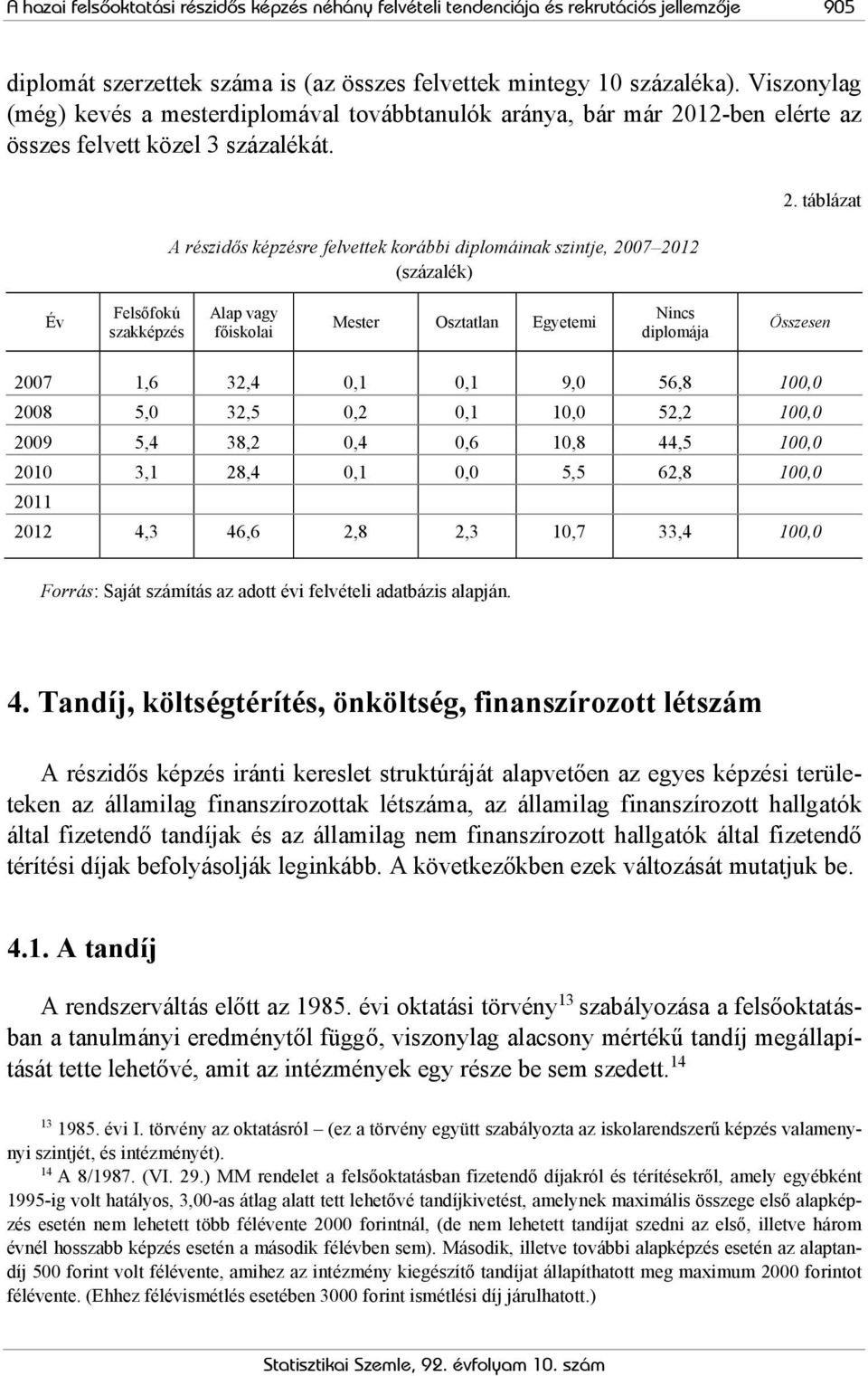 A részidős képzésre felvettek korábbi diplomáinak szintje, 2007 2012 (százalék) 2.