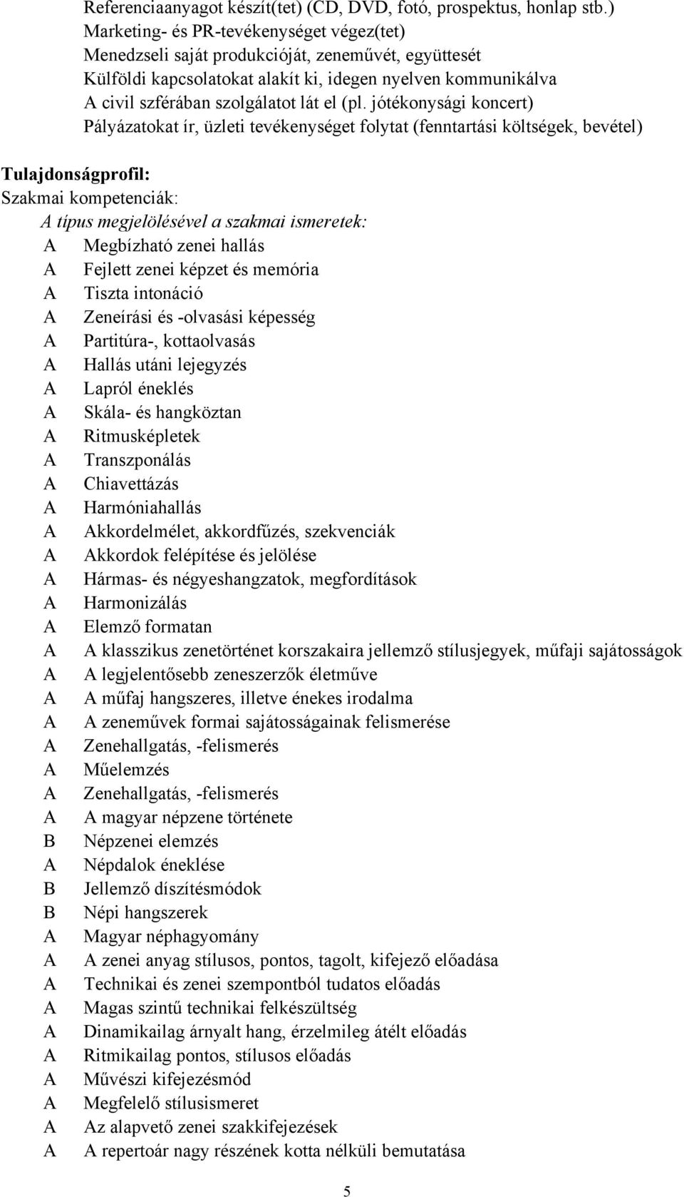 jótékonysági koncert) Pályázatokat ír, üzleti tevékenységet folytat (fenntartási költségek, bevétel) Tulajdonságprofil: Szakmai kompetenciák: A típus megjelölésével a szakmai ismeretek: A Megbízható