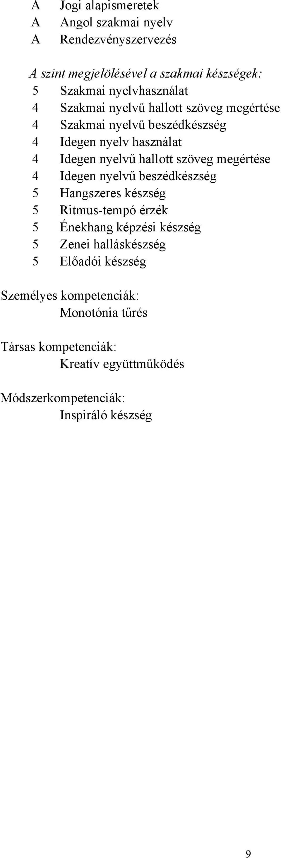 megértése 4 Idegen nyelvű beszédkészség 5 Hangszeres készség 5 Ritmus-tempó érzék 5 Énekhang képzési készség 5 Zenei halláskészség 5